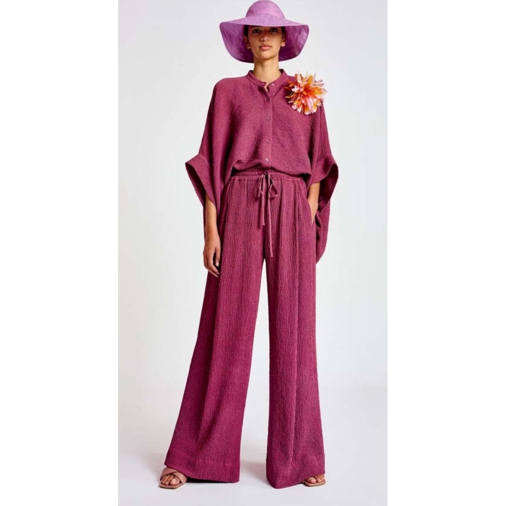 Essentiel Antwerp Bathing Wide Leg Pants Purple Textured Drawstring Trouser